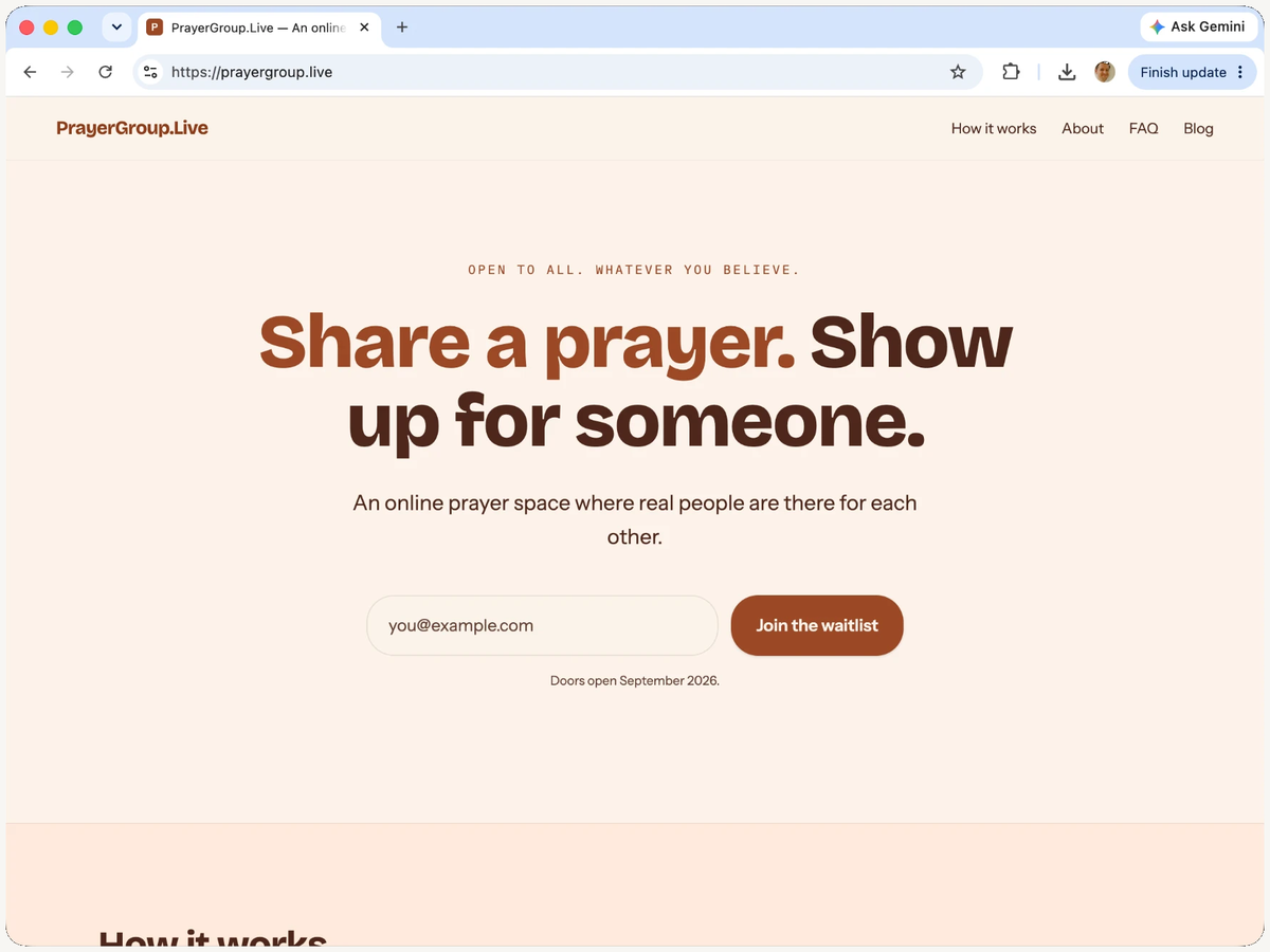 Screenshot of the PrayerGroup.Live homepage in a browser window